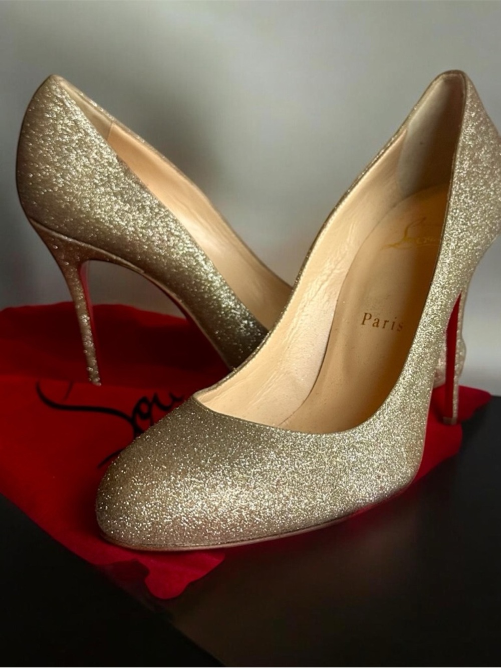 Christian Louboutin Fifi 100 Glitter Gold Stiletto Pumps New